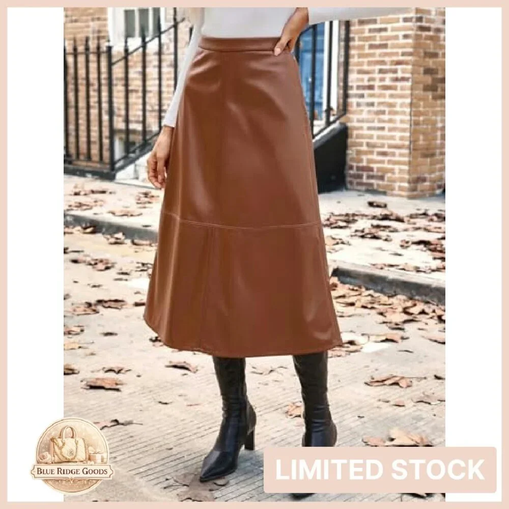 Faux Leather A-Line Midi Skirt High Waist Fall Winter Chic Elegant